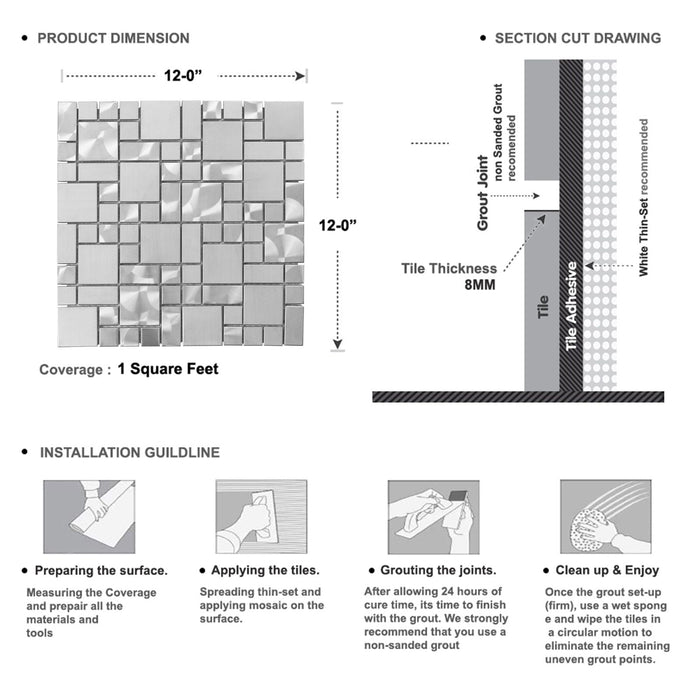 Sample - TDH22MDR Stainless Steel Square Pattern Jeweling Metallic Brushed Nickel Mosaic Tile