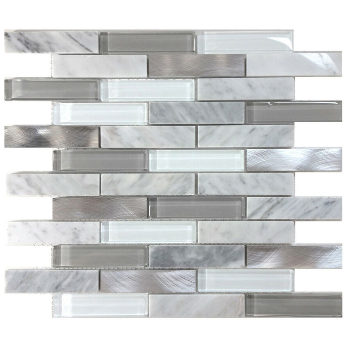 Sample - TDH219MO White Carrara Marble Stone Blended with Gray Crystal Glass and Aluminm Mosaic Tile