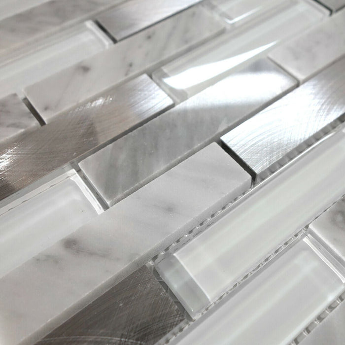 Sample - TDH214MO White Marble Stone Blended with White Crystal Glass and Aluminum Mosaic Tile