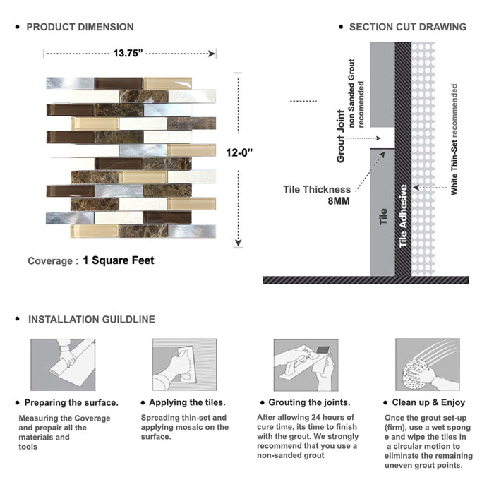 Sample - TDH212MO Brown Marble Stone Blended with Ivoy Brown Crystal Glass and Aluminum Mosaic Tile
