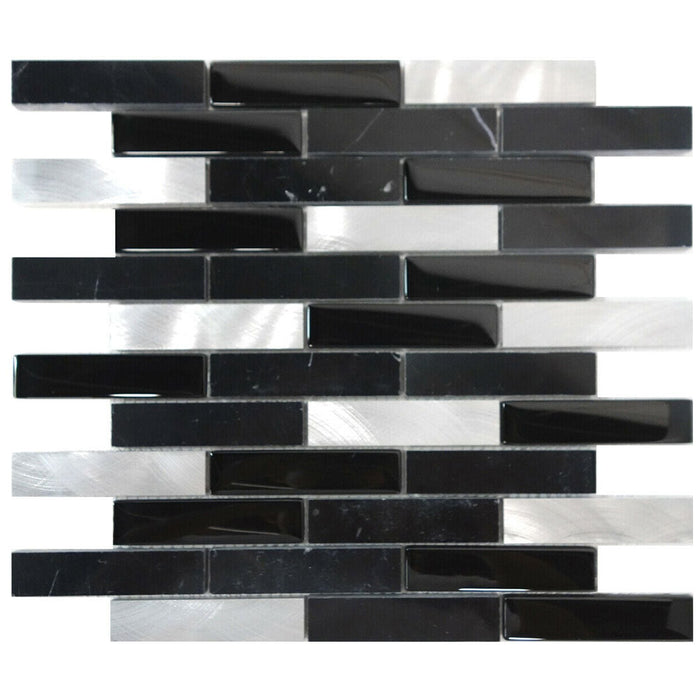 Sample - TDH218MO Black Marble Stone Blended with Black Crystal Glass and Aluminum Mosaic Tile
