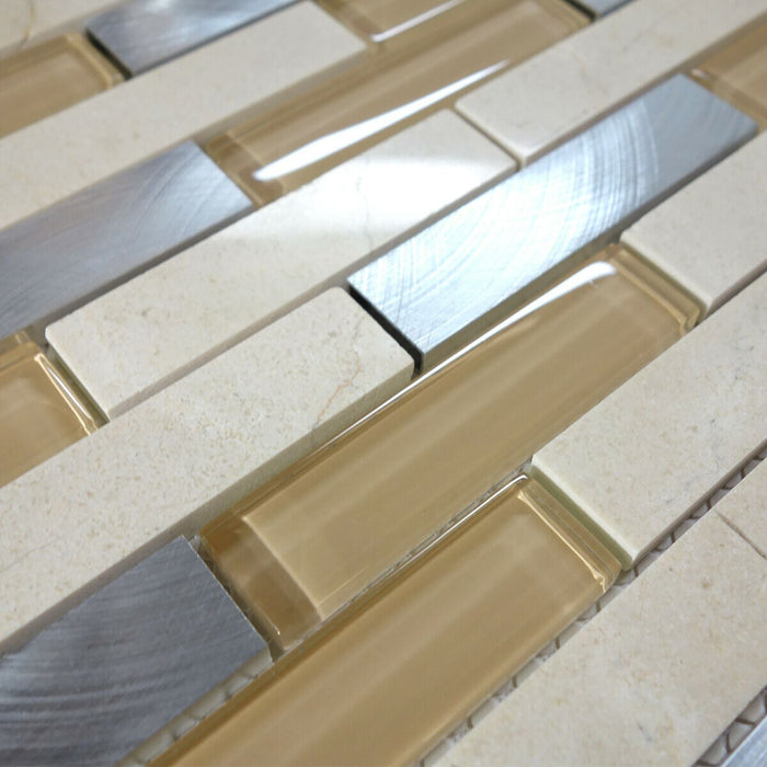 Sample - TDH215MO Ivory Marble Stone Blended with Beige Crystal Glass and Aluminum Mosaic Tile