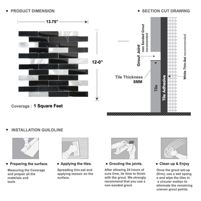 Sample - TDH218MO Black Marble Stone Blended with Black Crystal Glass and Aluminum Mosaic Tile