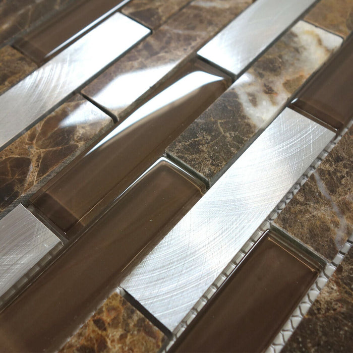 Sample - TDH216MO Brown Marble Stone Blended with Brown Crystal Glass and Aluminum Mosaic Tile