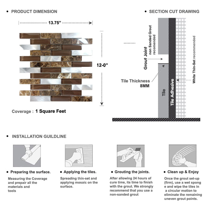 Sample - TDH216MO Brown Marble Stone Blended with Brown Crystal Glass and Aluminum Mosaic Tile
