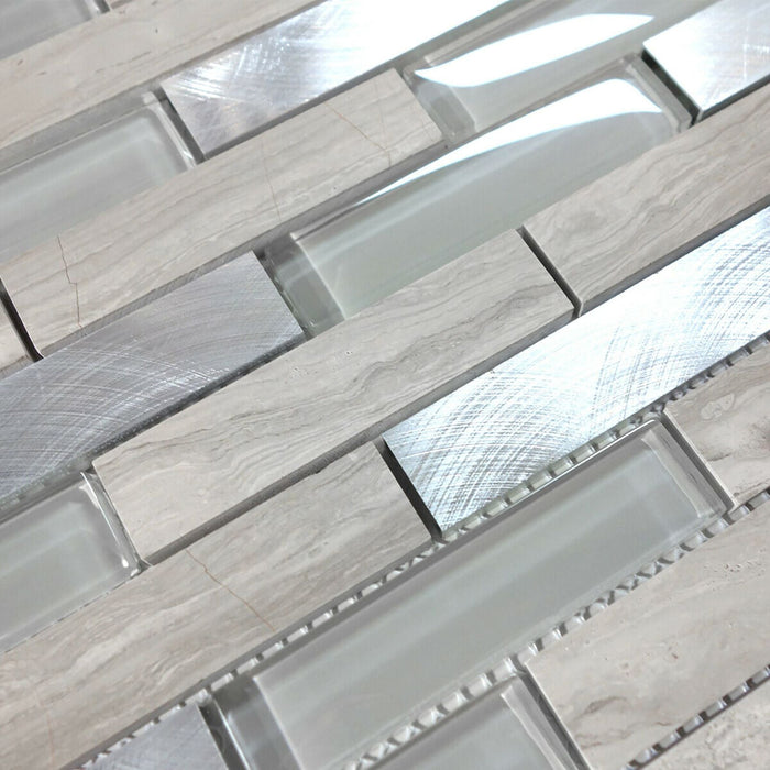 Sample - TDH217MO White Oak Marble Stone Blended with Gray  Crystal Glass and Aluminum Mosaic Tile