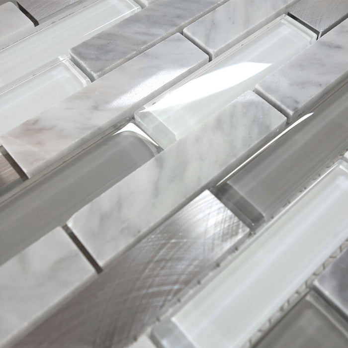 Sample - TDH219MO White Carrara Marble Stone Blended with Gray Crystal Glass and Aluminm Mosaic Tile