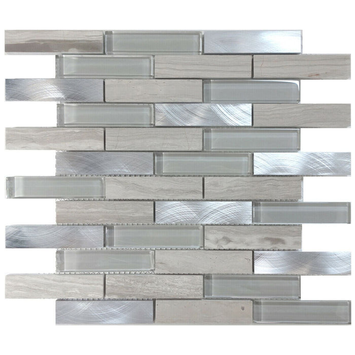 Sample - TDH217MO White Oak Marble Stone Blended with Gray  Crystal Glass and Aluminum Mosaic Tile